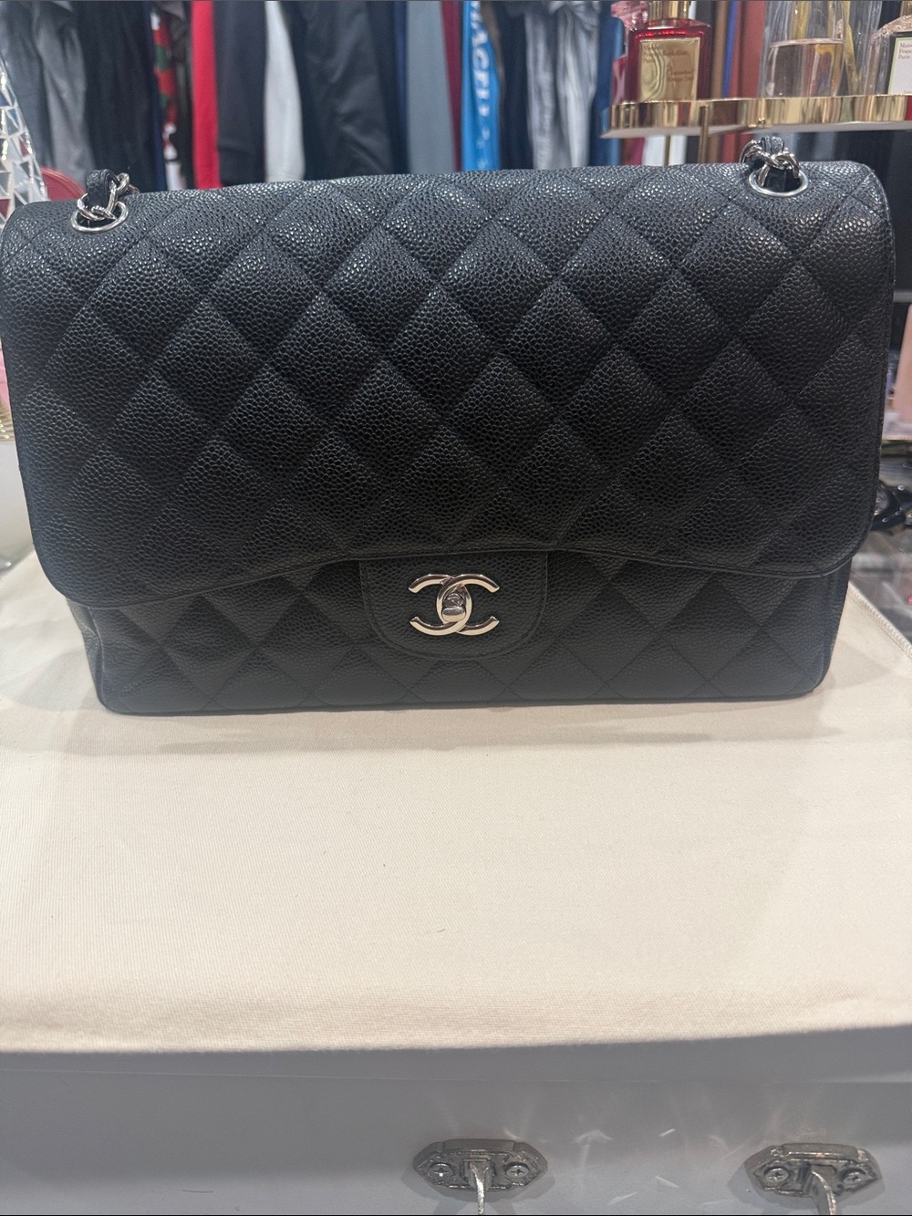 Authentic Jumbo Chanel Quilted Double Flap Bag in Black With Silver Hardware